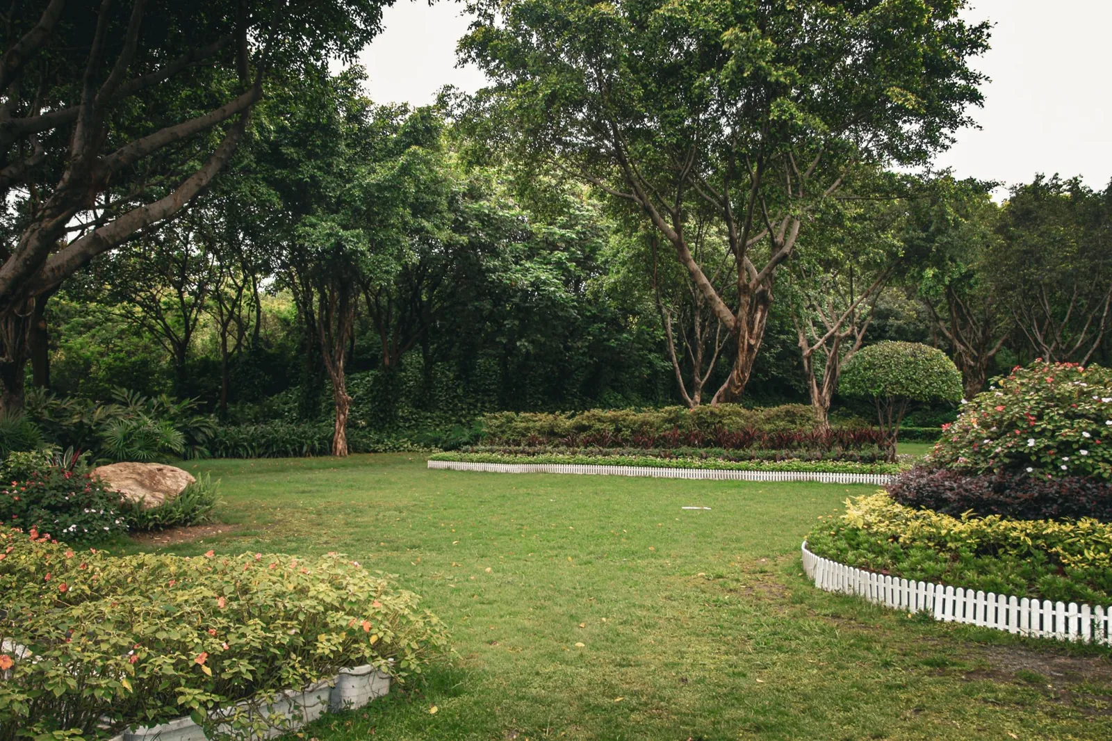 Green lawn framed by mature trees and landscaped garden beds